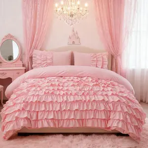 Pink Waterfall Ruffle Comforter Set Queen Size Multi-Layers Ruffled 3PCS Bedding Set for Girls