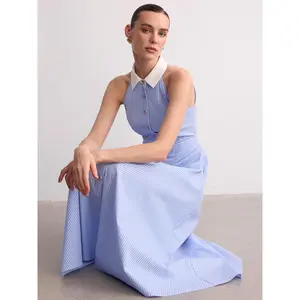 Collared Striped Sleeveless Buttoned Maxi Dress Summer Fit