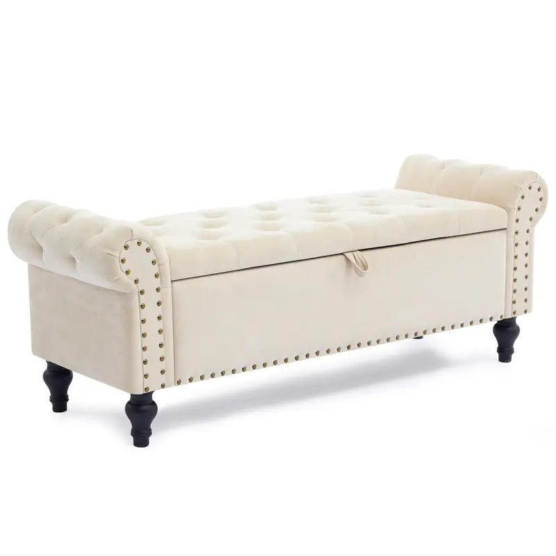51" Bedroom Storage Bench, End of Bed Bench, Chenille Upholstered Benches, Ottoman with Storage, Window Benches with Rolled Arm and Nailhead Trim for Living Room, Entryway,