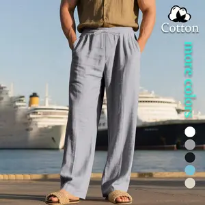 Men's Breathable Thin Linen-look fabric Loose Casual Sports Pants, Suitable For Beach, Spring/Summer