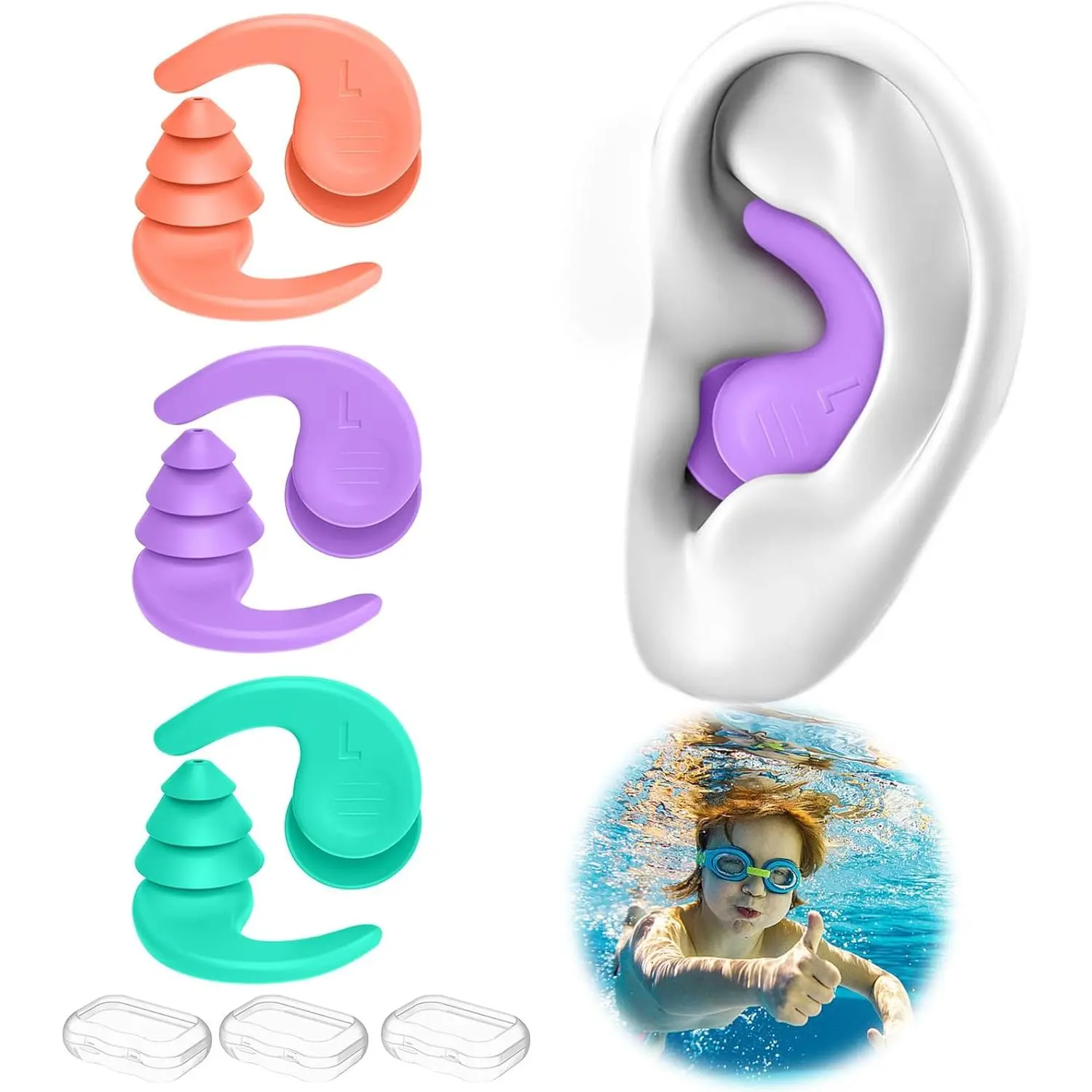 Kids Swimming Ear Plugs,3 Pairs Waterproof Reusable Silicone Child Swim Earplugs for Swimming Surfing Bathing Showering,Small Children Water Ear Plugs Suitable for Boys and Girls (Kids 6-14 Years Old)