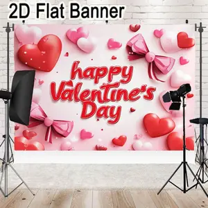 2D flat banner, 1pcValentine's Day 3D Heart & Bow Backdrop, Romantic Pink Red Cursive Text Decor for Valentine's Party Decoration