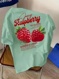 Men's Trendy Fresh Style Raspberry Letter Print Casual Round Neck Short Sleeve T-Shirt, Summer Outdoor Sports Shirt