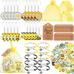 130count bee party favors including bee keychain adjustable bee bracelet PVC bee print sticker thank you kraft paper label organza bag suitable for birthday summer party wedding school reward