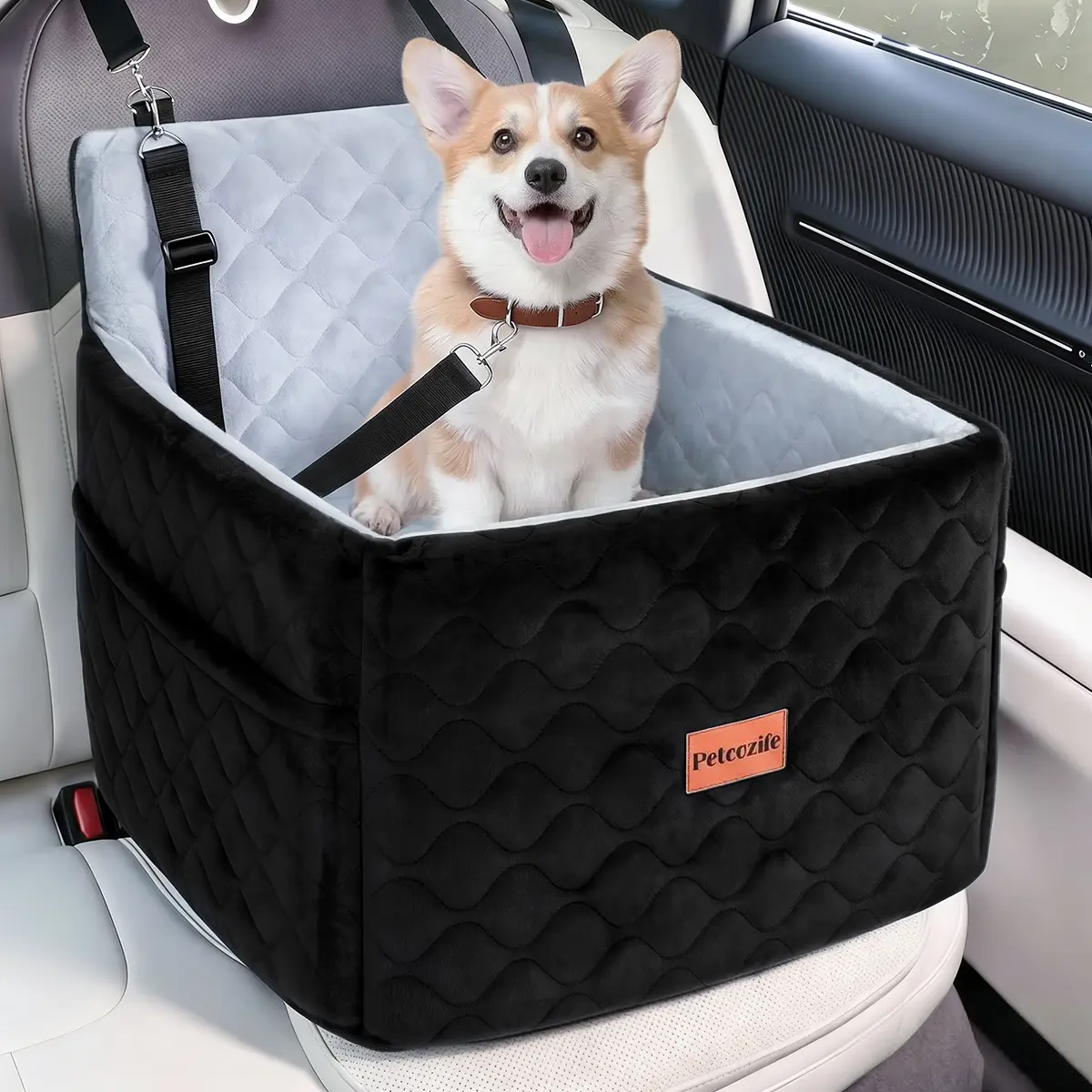 Dog Car Seat for Small-Medium Dogs Under 35 lbs - Fabric (Breathable Fabric) High Seat Pet Travel Booster Bed with Thick Cushion, Removable Machine-Washable Design, Adjustable Safety Straps, Quick Setup, Easy Cleaning, Reduces Anxiety, Black Brown, Secure