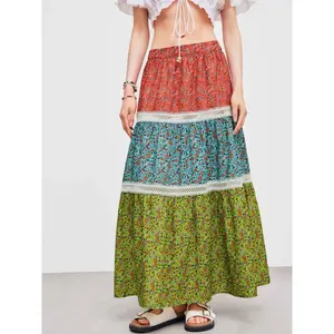 Cider [size 2-10] Woven Mid Rise Floral Colorblock Tiered Maxi Skirt