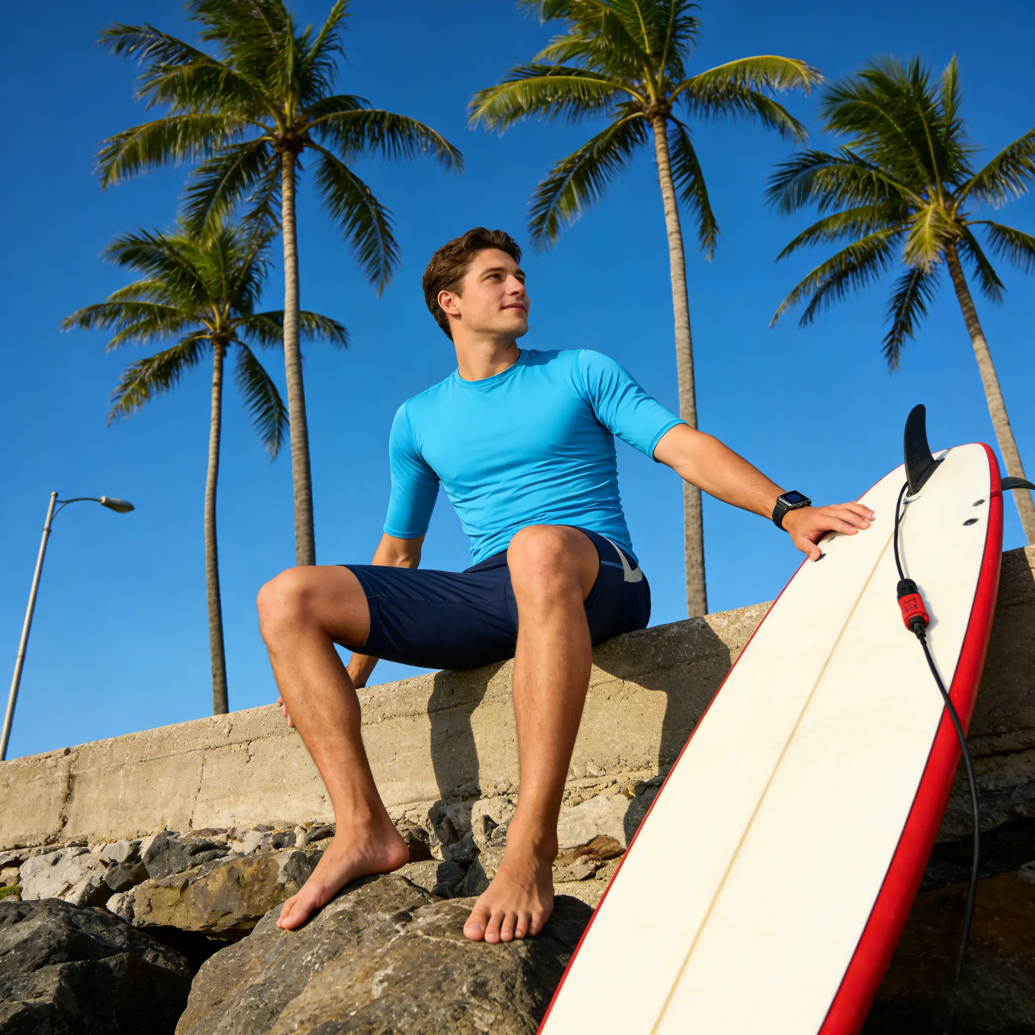 Male Slim-Fitting Crew Neck Pullover Blue Rash Guard - UV Protection Fabric, Quick Dry, Breathable, for Summer Beach Ocean Sports, Gym