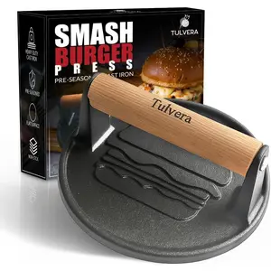 Smash Burger Press | Cast Iron Hamburger Smasher Tool | Flat-Edge Meat Press for Hamburgers, Bacon, Outdoor Kitchen | Griddle & Grilling Accessories | Pre-Seasoned | 6.1”