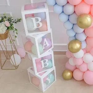 Baby Shower Boxes Party Decorations – 4 pcs Transparent Balloons Boxes Décor with Letters Baby Blocks Design for Baby Shower Gender Reveal Backdrop Set Wedding