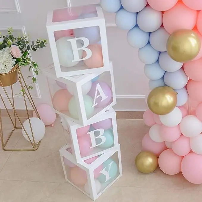 Baby Shower Boxes Party Decorations – 4 pcs Transparent Balloons Boxes Décor with Letters Baby Blocks Design for Baby Shower Gender Reveal Backdrop Set Wedding