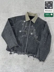 Men's La Rhinestone Denim Jacket, Y2K Sparkle Vintage Street Style, High Quality Cotton Fabric, Long Sleeve Fitted Design, Spring & Fall Wear