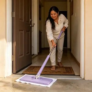 Cotton Traditional No-Wash Flat Mop with Disposable Cloths - Hands-Free Wet-Dry Floor Cleaner for Bathroom, Kitchen Hardwood & Tile Surfaces