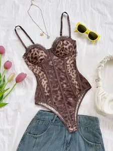 LUSHLACE Leopard Print Bustier Lace Trim Bodysuit for Date Night Party Vacation