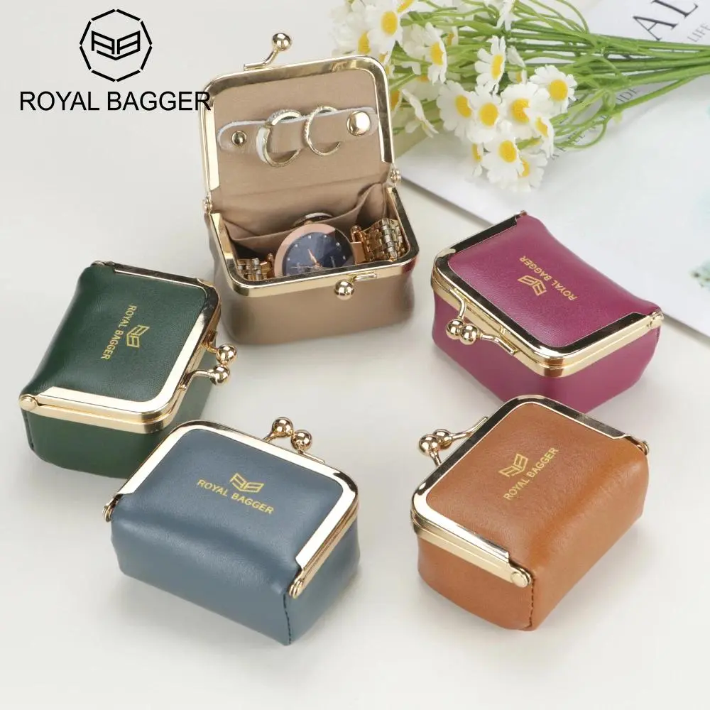 Big Size, Royal Bagger Genuine Leather Mini Jewelry Box, Ring & Necklace Storage, Retro Coin Purse with Kiss Lock for Women 4894 Smooth Room