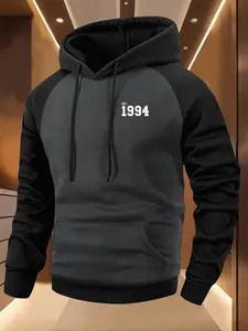 Men's Casual Patchwork Hoodie, Long Sleeve Fitted Sweatshirt, Spring & Fall Fashion, Two-Tone Sporty Pullover, Versatile Wear