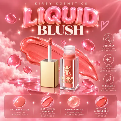 Kirby Kosmetics Liquid Blushes Glam Makeup Konfident Radiant Pink Peach Formula with Collagen & Glycerin for Nourished Skin 5 mL Silky Blendable Formula