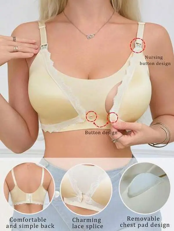 Ellie Women's Fashion Minimalist Lace Splicing Jelly Glue Anti-Sagging Durable Washable Comfortable Maternity Nursing Bra With Removable Pads