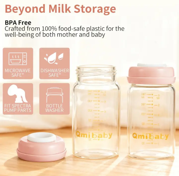 QMIBABY 6oz BPA-Free Wide Neck Reusable Glass Breastmilk Storage Bottles for Pumping Moms, Leakproof Lids with Silicone Seal, Fits Most Pumps, for Fridge Storage & Baby Feeding Prep