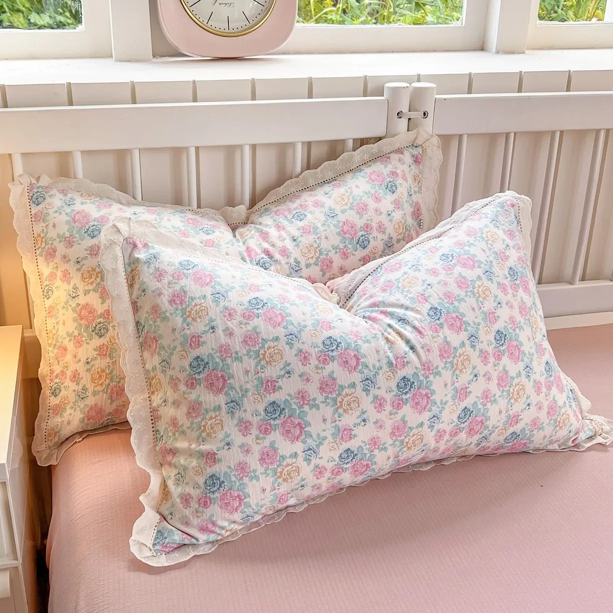 Crinkled Gauze Printed Pillowcases | Skin-Friendly & Breathable, Hollow Lace Design, Aesthetic Bedding for Bedroom Vibe, Standard Size✨, Soft Comfy Bedding, Hotel Style Bedding, Bed Linens