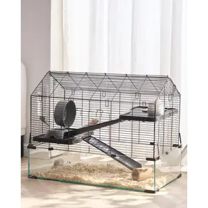 【DealsForYouDays】Tempered Glass & Mesh Hamster Cage (14.50kg), 29.5 x 17.3 x 24 inches Transparent Habitat for Hamsters, Guinea Pigs, Mice with Ventilation System, Water Bottle, Easy-Clean Portable House