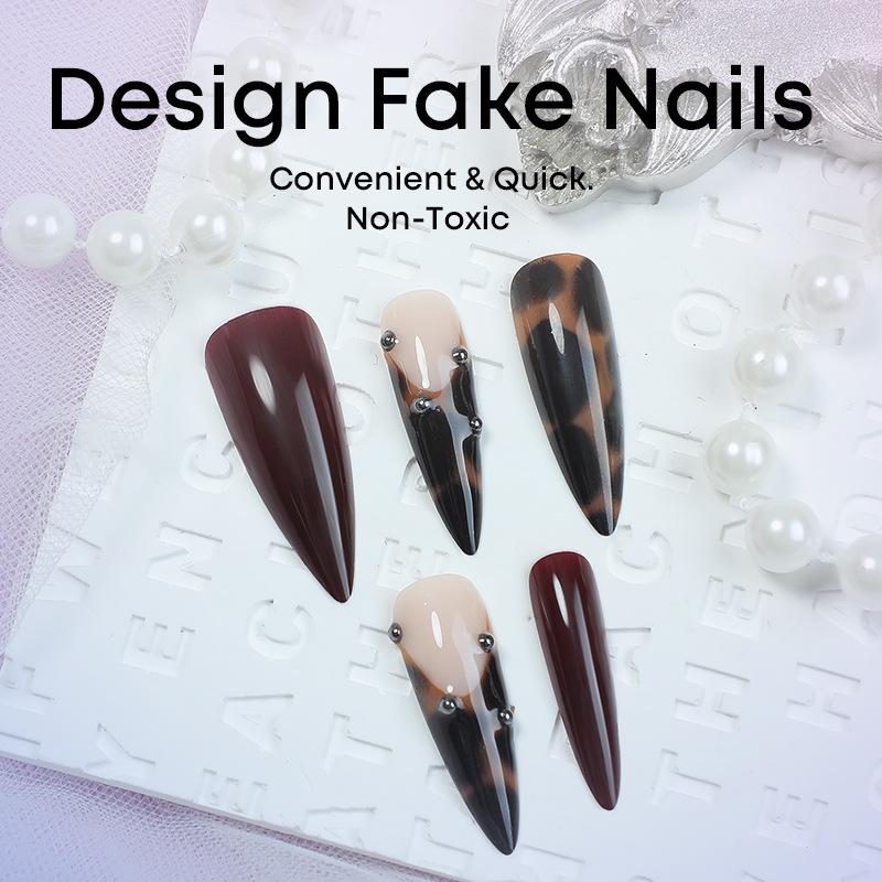 24-Piece Leopard Print Nail Tips, Deep Gradient Base Color, 3D Water Diamonds & Fine Glitter, Removable Design, Comfortable Fit