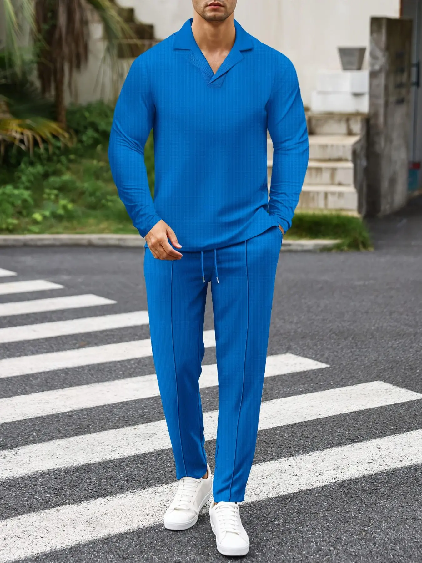 Men's Solid Color Waffle Pattern Lapel Neck Top & Drawstring Waist Pants Two-Piece Set, Matching Outfits Set, Regular Fit Casual Long Sleeve Top & Top-Stitching Pocket Trousers for Spring & Fall, Men's Two-Piece Outfits for Daily Wear
