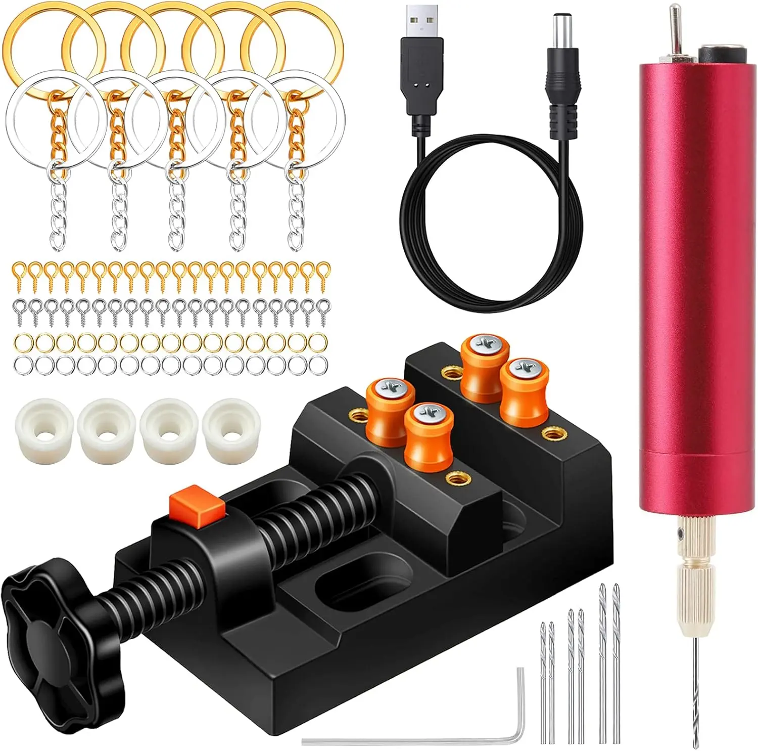 Electric Resin Set,Pin Vise for Molds Jewelry, Anti-Skid Press Vise, 210 PCS Keychain Supplies, Hand Kit for DIY Keychains Jewelry.