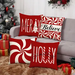 Christmas Themed Cushion Cover, 4 Counts/set Christmas Letter & Geometric Pattern Cushion Cover without Filler, Household Decorations, Bedroom Decorative Accessories