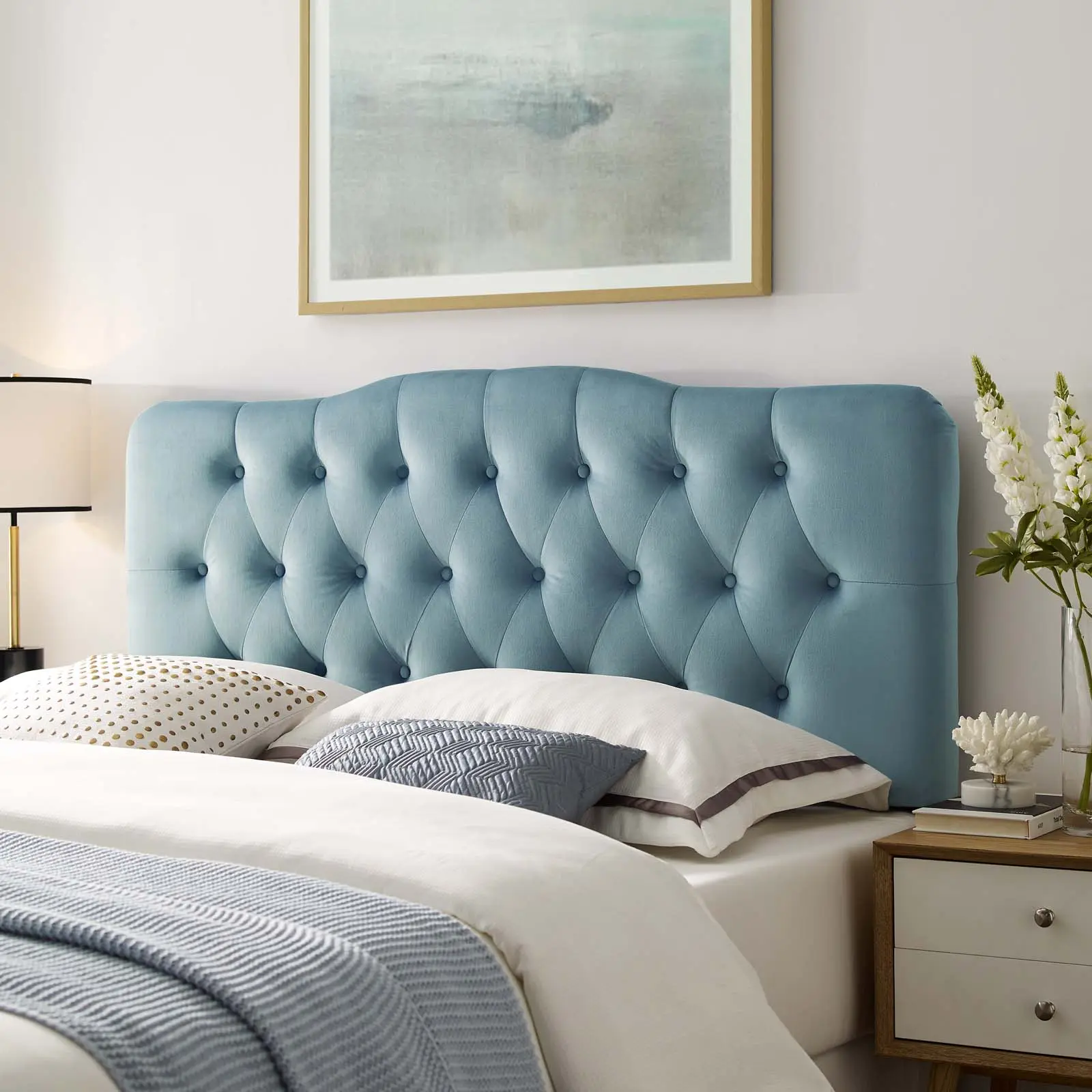 Modway Annabel Full Upholstered Diamond Tufted Performance Velvet Headboard, Luxury Bedroom Furniture in Light Blue