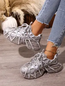 Women's Colorblock Rhinestone Dad Shoes, Thick Sole Height Increasing Sporty Sneakers, Lace-Up Casual Shoes