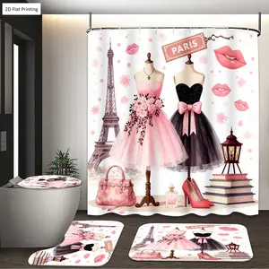 1/3/4PCS Paris themed Fashion Items with Pastel Dresses Shower Curtain Set with Rugs, Non Slip Bath Mat, U-Shape Carpet, Toilet Lid Cover, Polyester Fabric Bathtub Curtain Accessories, 12 Hooks, Home Bathroom Festival Decor