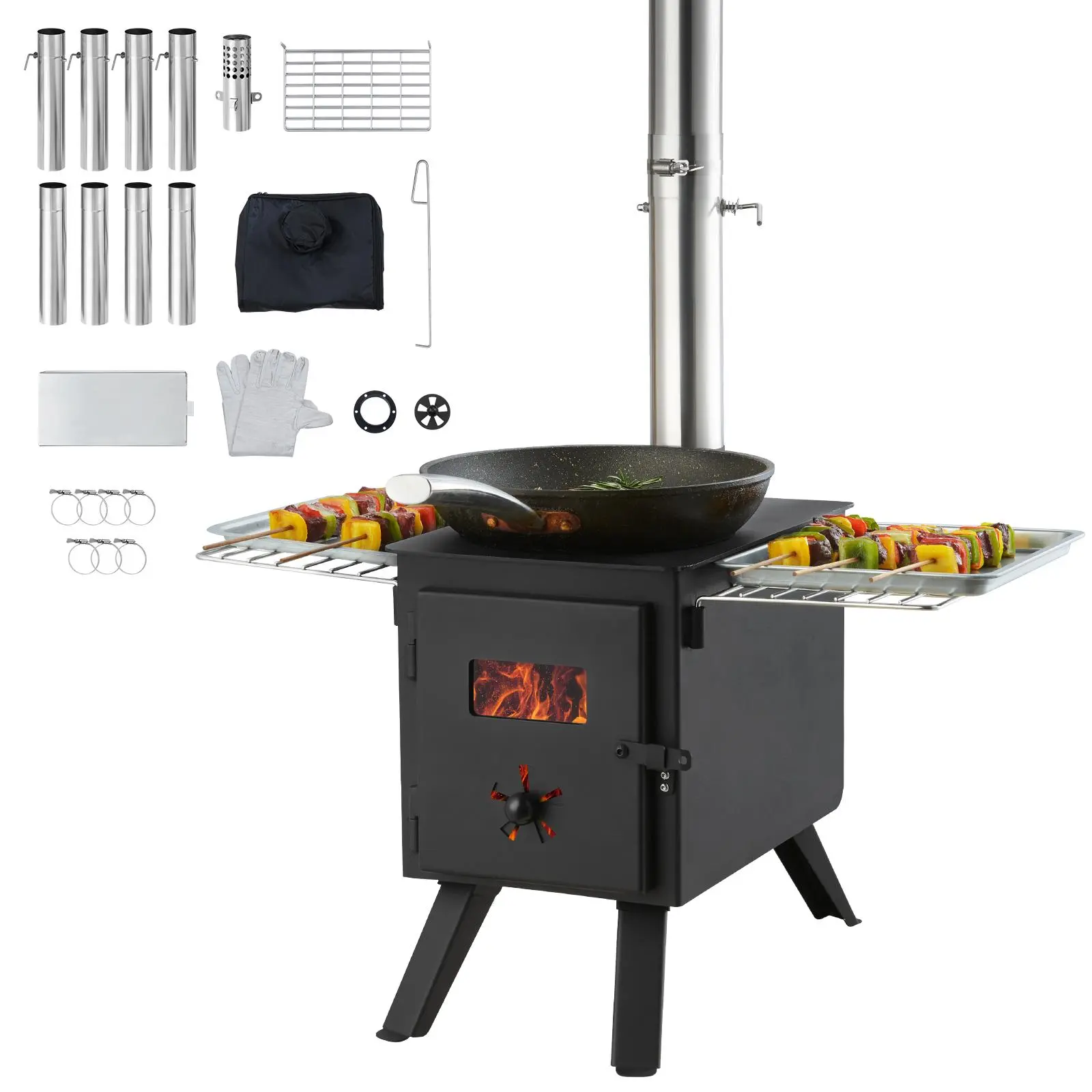 【summerfinds】VEVOR Wood Stove, 86 inch, Alloy Steel Camping Tent Stove, Portable Wood Burning Stove with Chimney Pipes & Gloves, 1400in³Firebox Hot Tent Stove for Outdoor Cooking and Heating with 8 Pipes