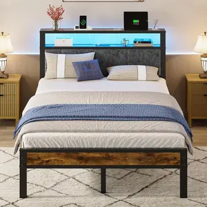 Full Size Platform Bed Frame with LED Lights,  Station, Grey Upholstered Headboard with 2-Tier Storage Shelves, Noise Free, No Box Spring Needed