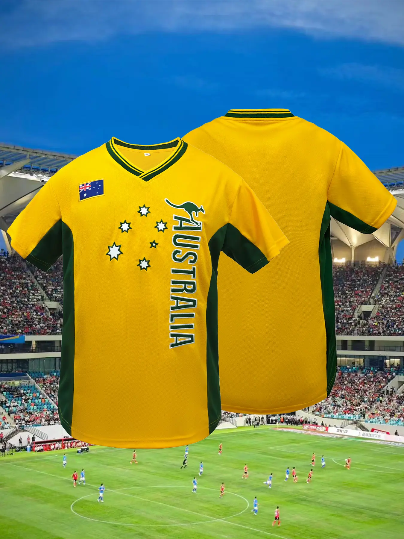 Australia Stitched Men's Soccer Jersey - Soccer Shirts Breathable Polyester V-Neck, Short Sleeve, Embroidered Football Jersey Ideal for Casual Training & Matches