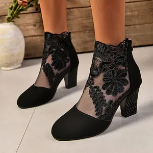 Black Lace Ankle Boots for Women - Adorned with Floral Embroidery, Chic Design Ideal for Romantic Evenings And Cocktail Events, Women Shoes