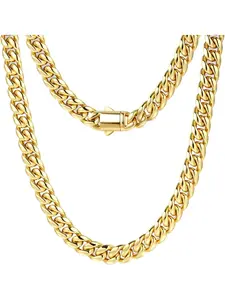 1 Pc Thick Golden Miami Cuban Chain Necklace, Chunky Chain Necklace for Women Men 303 Stainless Steel Long-lasting Daily Wear Classic Cuban Curb Craftsmanship Thick Interlocking Links