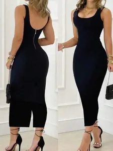 Elegant Fitted Dress Women's Sleeveless Square Neck Backless Design Suitable For Spring Summer Occasions Machine Washable Polyester Blend Fabric Party Black Casual Womenswear