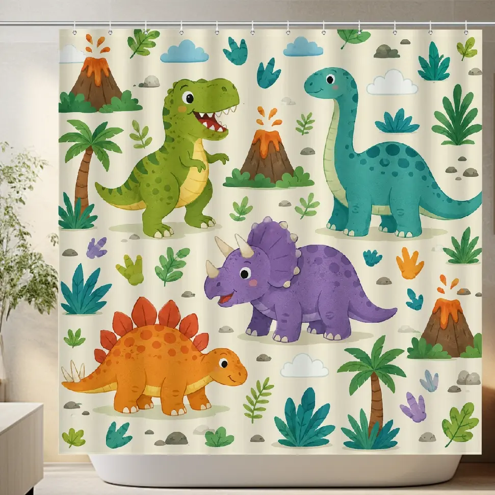 Kids' Opaque Waterproof Polyester Dinosaur Shower Curtain with 12 Hanging Hooks, Colorful Dino-Volcano Animal Print, Decorative Washable Kids Bathroom Privacy Curtain, Fun Bathroom Decor for Dinosaur Lovers, Home Dorm Supply