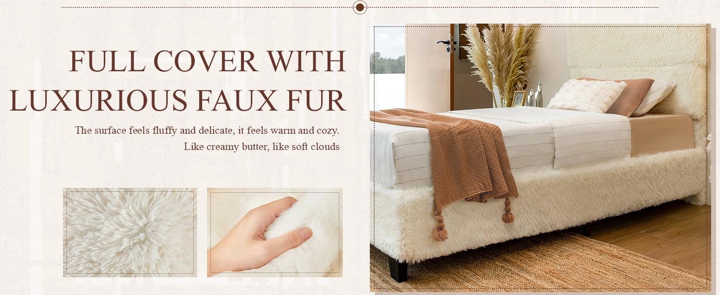 Yechen Bed Frame with Tall Headboard, Round Deluxe Soft Faux Fur Bedframe, Boho Boucle Cloud Upholstered Plush Bed with Metal Frame and Wood Slats, No Box Spring Required, Easy Assembly, (Beige, Grey) (Twin, Full, Queen)