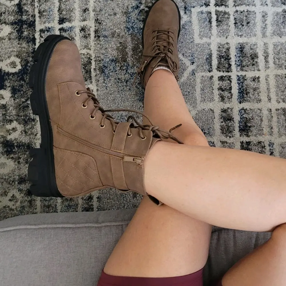 Cherry-38 Women’s Faux Leather Lace-Up Combat Ankle Boots with Side Zipper, Buckle Strap & Chunky Lug Sole