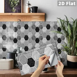 6/12/24/48 PCS FG Black & Gray Gradient Hexagon Marble Tile Stickers | PVC Crystal Film | Peel and Stick Backsplash | Waterproof Oil-Proof | DIY Home Decor for Kitchen Bathroom Wall Floor