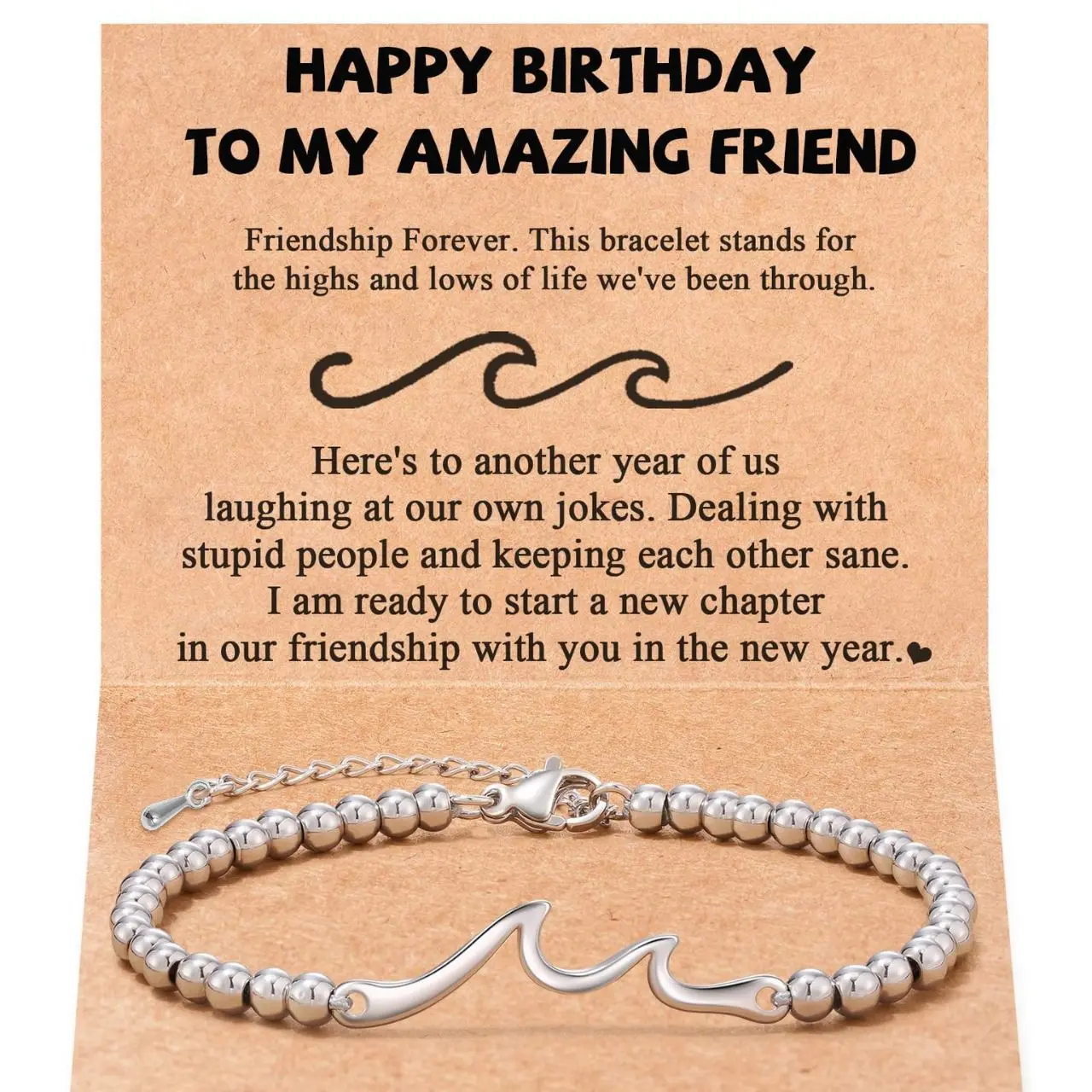 BIRTHDAY Card+Wave Silver Bead Bracelet