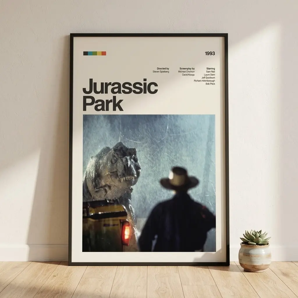 Jurassic Park 1993 Poster, Minimalist Movie Wall Art Print, Dinosaur Film Decor, Vintage Cinema Poster, Home Theater Decor, No Frame