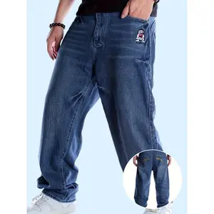 Fashion men's wear�� Men's Hip Hop Jeans - Loose Fit, Embroidered Detail, Straight Leg Denim Pants for Street Dance & Skateboarding, Machine Washable, All-Season Wear, Skateboarding Jeans|Sporty Look|Washed Denim