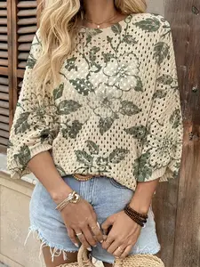 Spring Summer Women's Hollow Out Batwing Sleeve Knit Top, Colorblock Floral Print, Casual Elegant Commuter Wear, Boho Beach Cover-Up