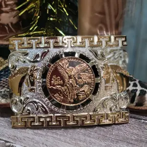 Centenario Western belt Buckle Faux Mexican Peso Design with Central Emblem rose tone and silver with horse face on either side