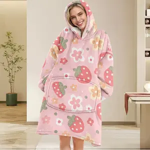 Strawberry Floral Hooded Coral Fleece Wearable Blanket, Soft Warmth with Hood and Pockets, Perfect for Cozy Nights and Relaxing Days