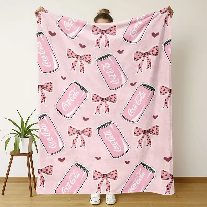 Cola Bow Cute Print Polyester Classic Flat Weave Flannel Throw Blanket, Soft Cozy Warm Lightweight Plush Fleece, Multi-Size All-Season Home/Office Decor, Perfect Holiday Gift for Girls, Living Room Decor