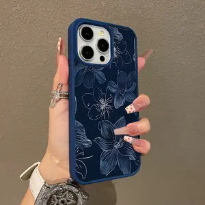 Trendy Magnetic Case for iPhone11/12/13/14/15/16/17/promax Navy Floral Line Art MagSafe Ready, Ultra Thin & Shockproof | Cute Pick for Girls