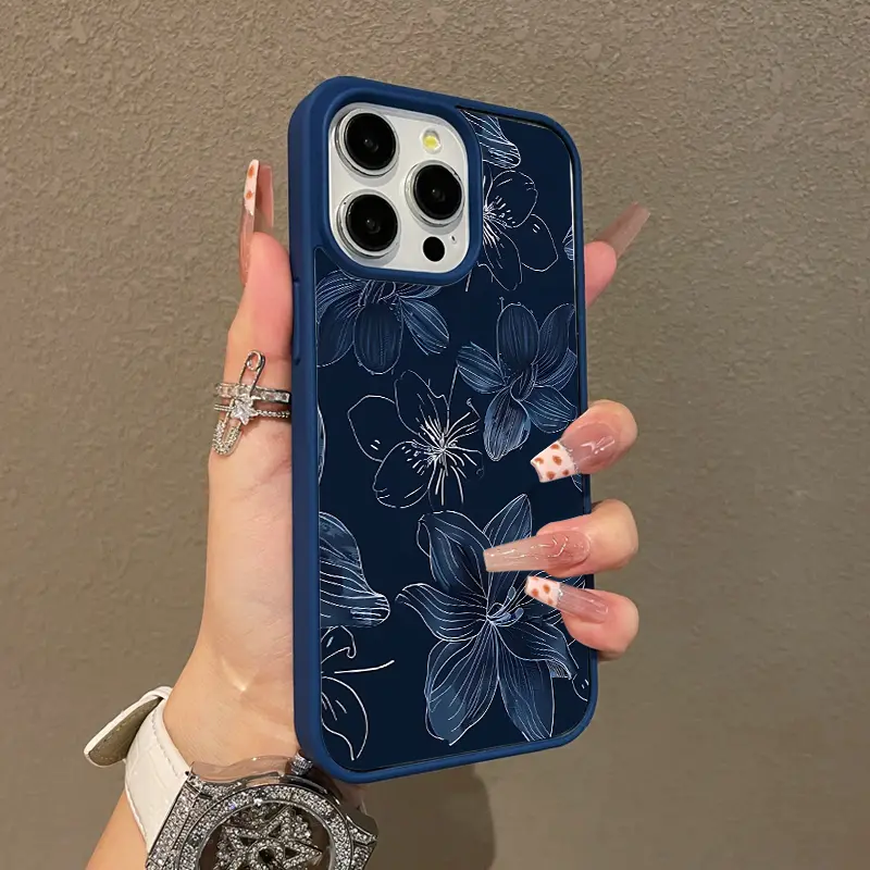 Trendy Magnetic Case for iPhone11/12/13/14/15/16/17/promax Navy Floral Line Art MagSafe Ready, Ultra Thin & Shockproof |     Cute Pick for Girls